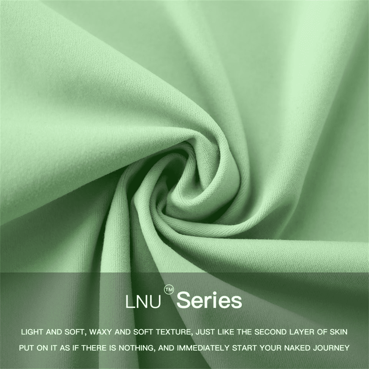 The image shows a piece of light green fabric twisted into a spiral, highlighting its light, waxy, and soft texture. The text at the bottom describes the fabric's characteristics, emphasizing its lightness and softness, akin to a second layer of skin.